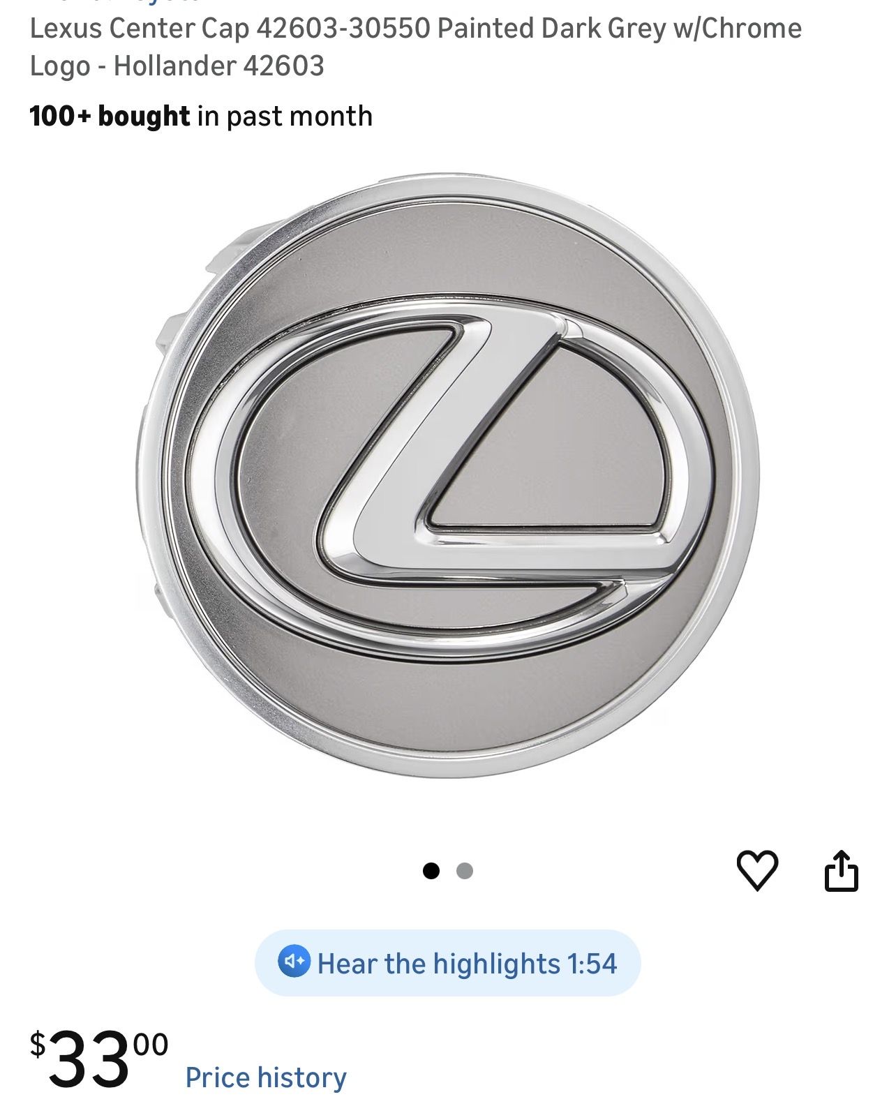 Lexus hub cap cover 2 pieces brand new
