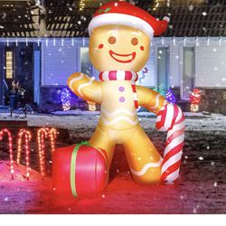 8FT Christmas Inflatable Decoration Gingerbread Man with Christmas Present & Candy, Internal LED Lights, New Holiday Yard Inflatable as A Gift