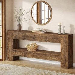 F2473 Solid Wood Console Table, 63-Inch Farmhouse Entryway Table with 2-Tier Storage Shelf, Rustic Wooden Narrow Long Sofa Table Behind Couch for Entr