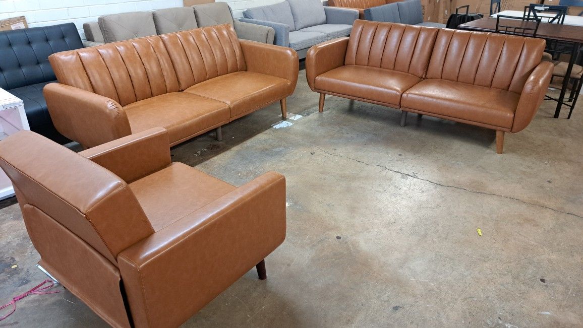 New 2 Modern Futon With 1 Accent Chair Faux Leather Camel See Pictures For Dimensions 