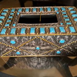 NEW IN BOX SILVER & TURQUOISE TISSUE BOX VERY HEAVY