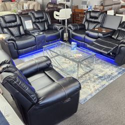 Power Reclining Sofa Set With Bluetooth Speaker And LED