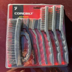 COREBILT Wire Brush Set 7pc Nylon Brass Steel Bristles Plastic Handle Black
