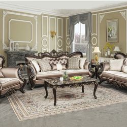 Brand New Brown Espresso Wood with Dessert Sand Regal royal traditional style Sofa And Love Seat