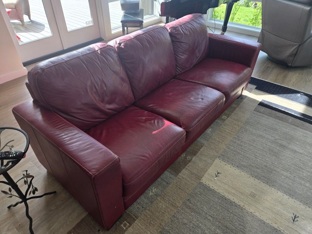 Red Leather Couch and 2 Chairs