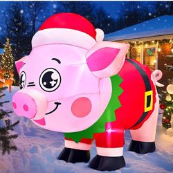 KOOY 5FT Christmas Inflatables Outdoor Decorations, Pig Blow up Yard Decorations with LED Light Up for Xmas,Outdoor Christmas Animal Decorations for Y