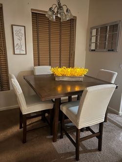 Ashley Furniture Walnut Dining Table + 4 Gray Upholstered Chairs – $350 OBO