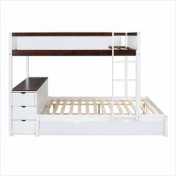twin wooden bunk bed White and walnut with 3 drawers, integrated desk, and USB charging station (2 bed twin)