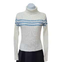 White Wide Ribbed Turtleneck Sweater with Blue Stripes