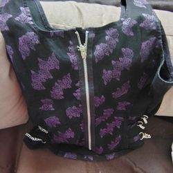 Tripp NYC Women's Black Gothic Vest With Purple Flowers And Chains Hanging From Each Side Size M/L 