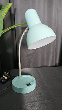 LED Gooseneck Desk/Table Metal Lamp with Compartment Base & AC Outlet, Aqua