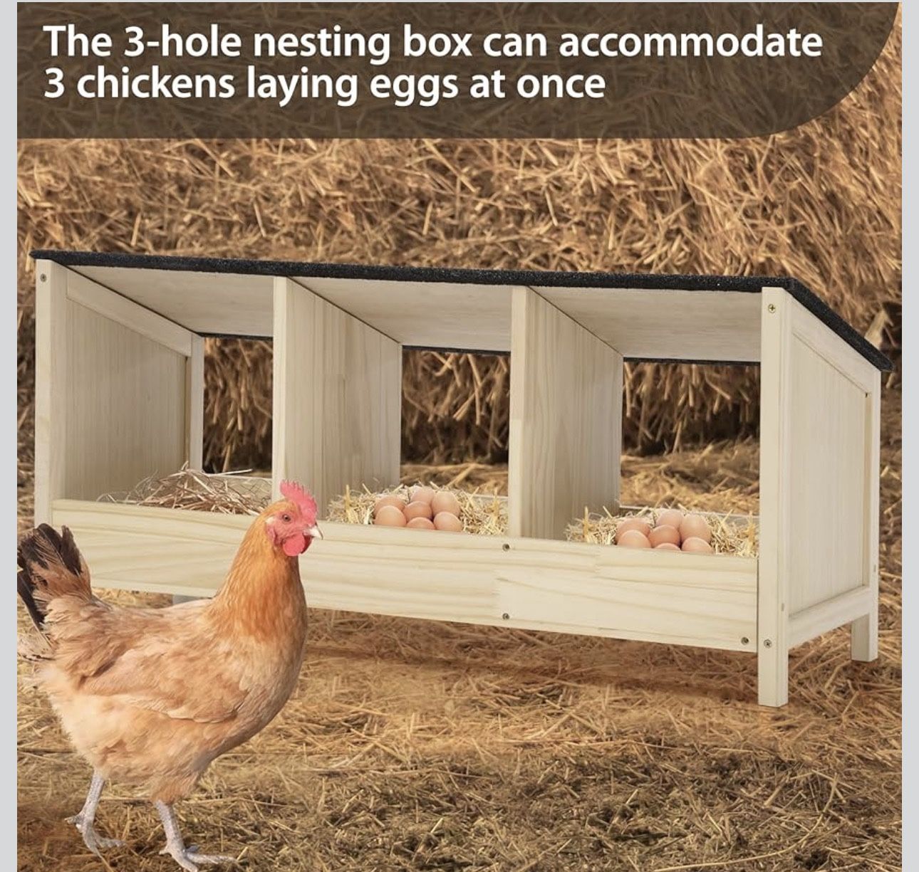 3 Compartment Wooden Chicken Nesting Boxes, Chicken Laying Boxes for Chicken Coop with Asphalt Roof,Nesting Boxes for Hen,Duck,Poultry
