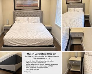 Ashley Queen Upholstered Bed + Mattress + Box Spring — $350 OBO