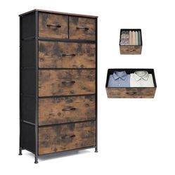 6 drawer rustic brown dresser. Tall skinny dresser. Steel frame. Wooden top. New in box. $55