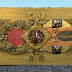 Vintage metal abstract brutalist wall hanging attributed to Stephen Chun