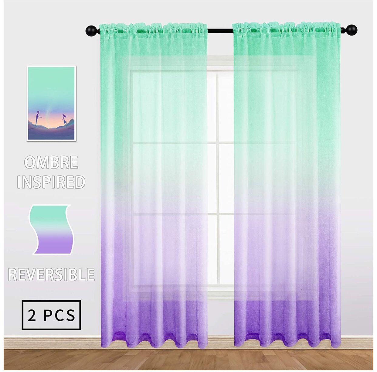 Sheer Curtains Mermaid Decor Reversible Lilac and Turquoise Voile Reversible Panels 100% Polyester Faux Linen