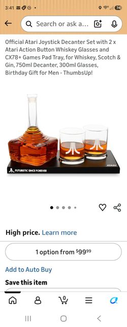 )fficial Atari Jovstick Decanter Set with 2 x Atari Action Button Whiskey Glasses and CX78+ Games Pad Tray, for Whiskey, Scotch & Gin, 750ml Decanter,