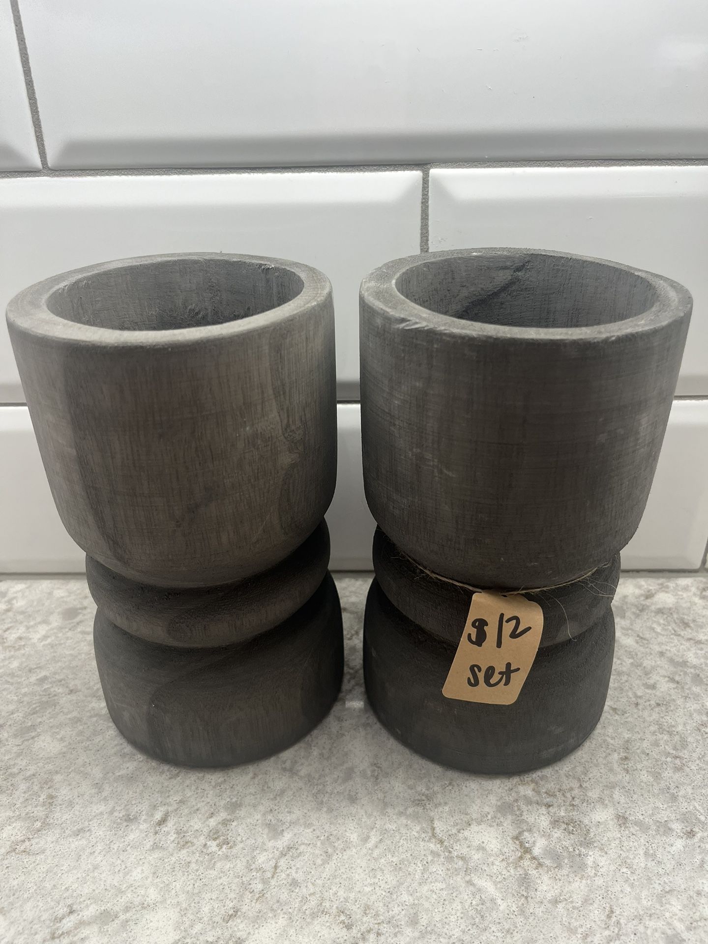 Set Of 2 Wood Candle Holders $12