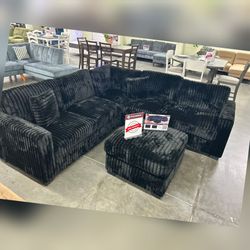 very Comfortable soft black corduroy sectional sofa w/ ottoman