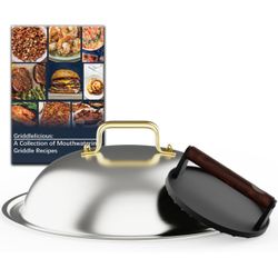 New! Stainless Steel Griddle Accessories 12” Round Melting Dome w 7” Cast Iron Grill Burger Press
