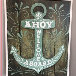 Large Teal & White “Ahoy Welcome Aboard” Anchor w/ Wood Plank Background Framed Hanging Canvas Print