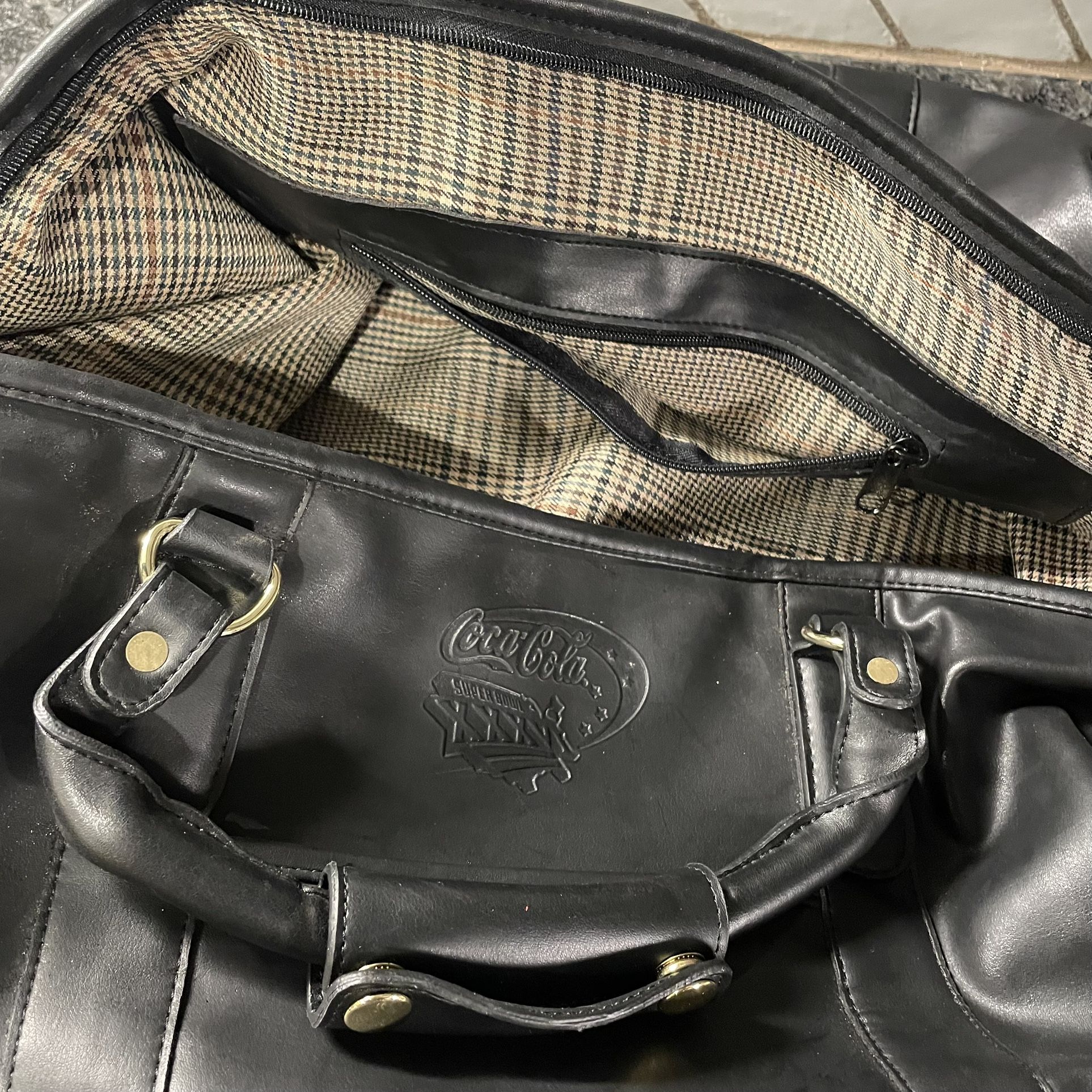 Vintage Coca-Cola Super Bowl XXXVI Black Leather Travel Bag - Retro Logo Plaid Lining Duffel