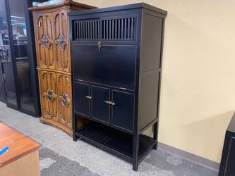 Asian-Inspired Black Lacquer Bar Cabinet w/ Brass Accents