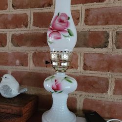 Antique Rose Pattern Milk Glass Lamps 