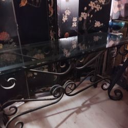 Beautiful Bevelled Glass Top Table W/ Iron Base