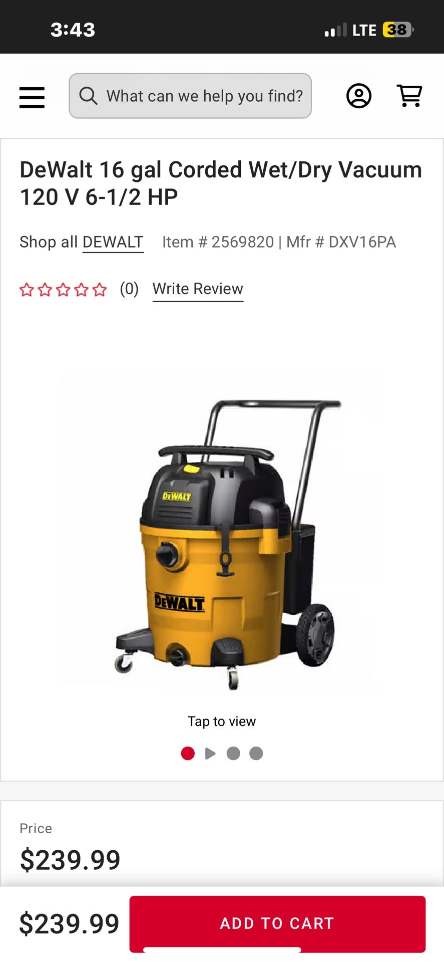 DeWalt 16 gal Corded Wet/Dry Vacuum 120 V 6-1/2 HP