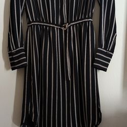 H&M Black & White Striped V-Neck Long Sleeve Shirt Dress with Tie Belt 