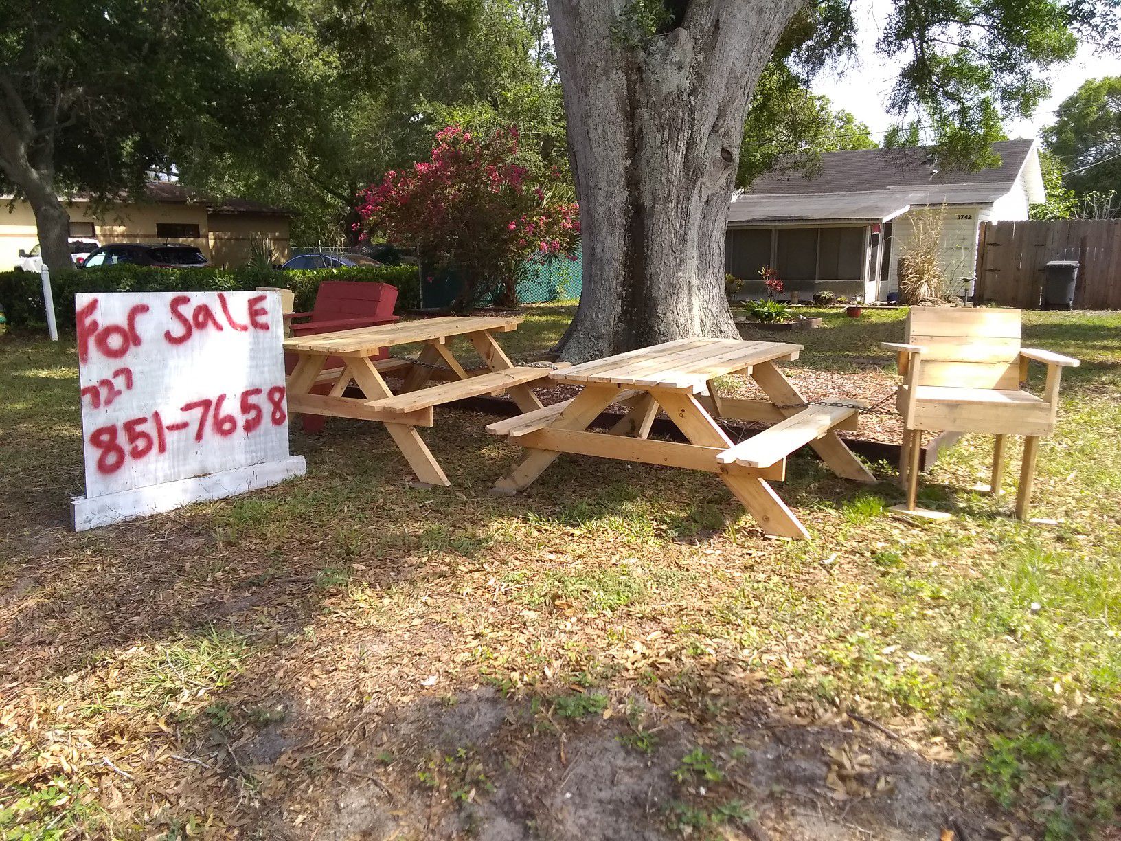 Picnic tables, porch swings, chairs