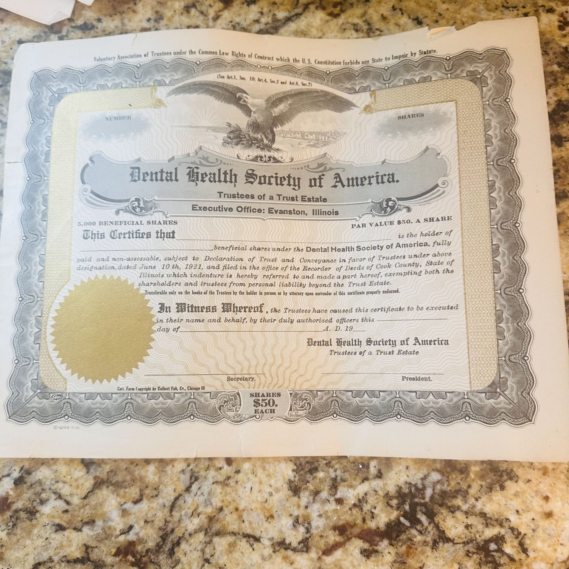 Lot of 5 Vintage Dental Stock Certificates – 1940s Ephemera – Evanston IL – Decorative Financial Memorabilia