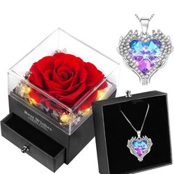 Preserved Rose with Angel Wings Heart Necklace Gifts