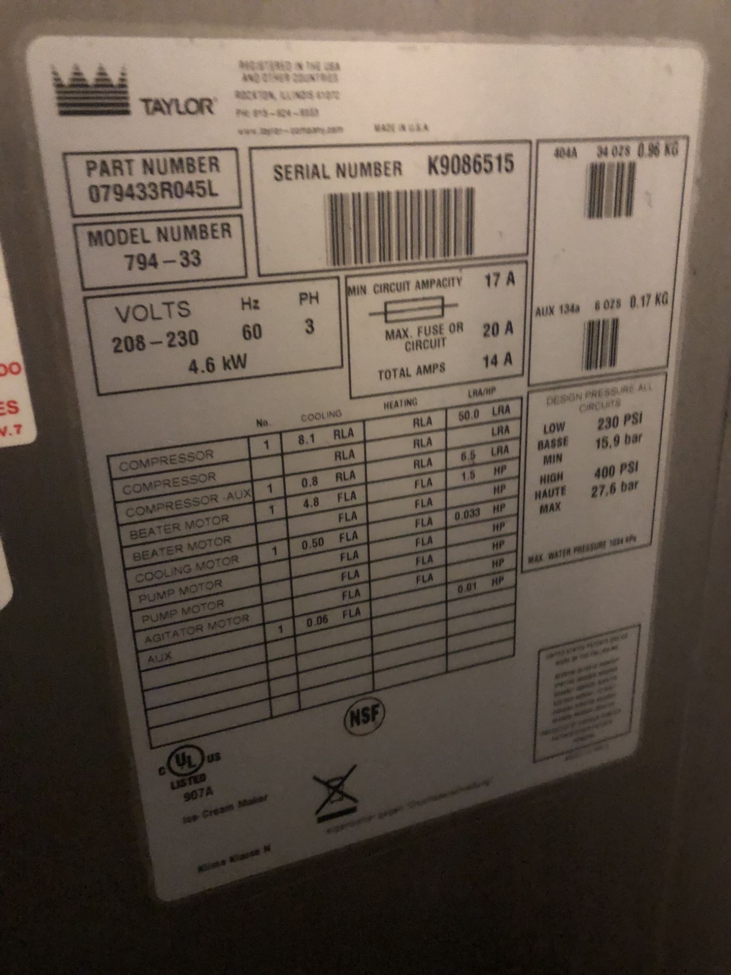Taylor 794-33 Soft Serve Ice Cream / Frozen Yogurt Machine 3 Phase