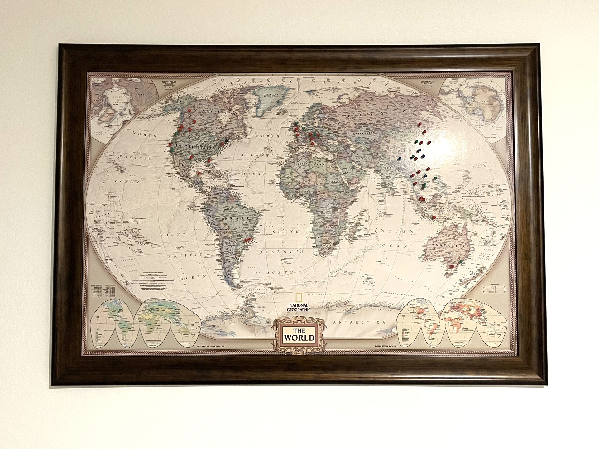 Large World Travel Map Wall Art (Dark Walnut, Push pins included)