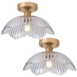 Set Of 2 Vintage Flower Semi Flush Mount Ceiling Light Gold Metal With Clear Glass Shade