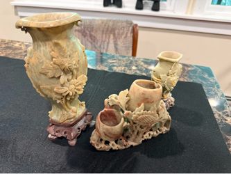 Antique Chinese Hand-Carved Soapstone Vessel Set (3-Piece Collection)