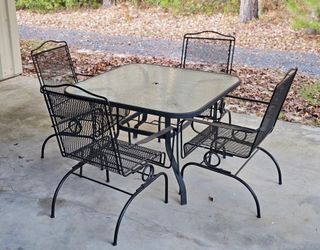 5 Piece Wrought Iron Patio Dining Set w/Glass Top Table & Four Matching Chairs, outdoor furniture