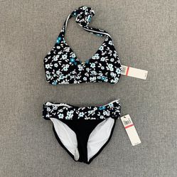 Brand New! Anne Cole Floral Bikini Set XS Halter Top & Bottom Black White‎ Blue