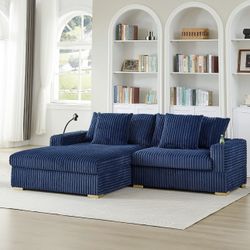 New Blue Corduroy Sectional Sofa With Chaise, Free Delivery ✅ Modern Corduroy Sofa Multiple Colors Availabe 
