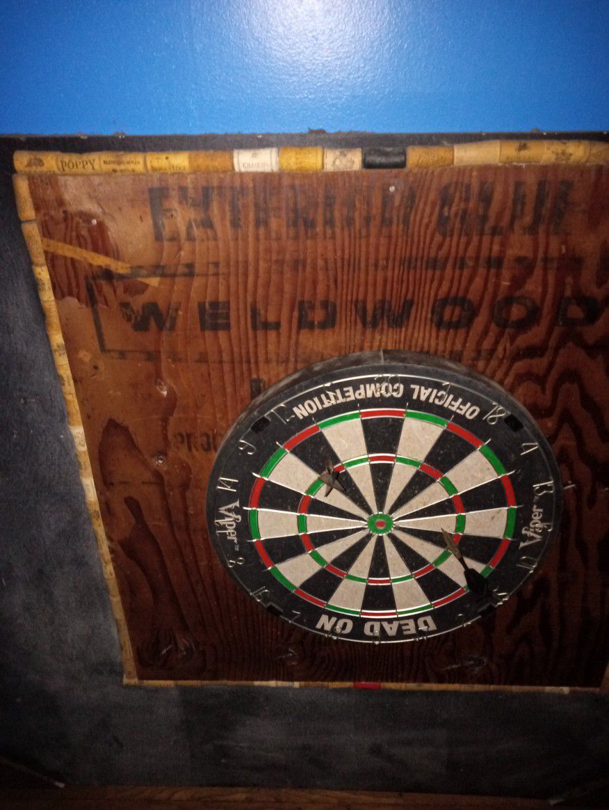 Dart Board Game, Attached To Chalkboard Backing. With Antique Plywood 