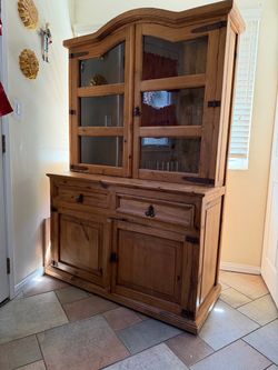 Rustic Pine Wood China Hutch Cabinet