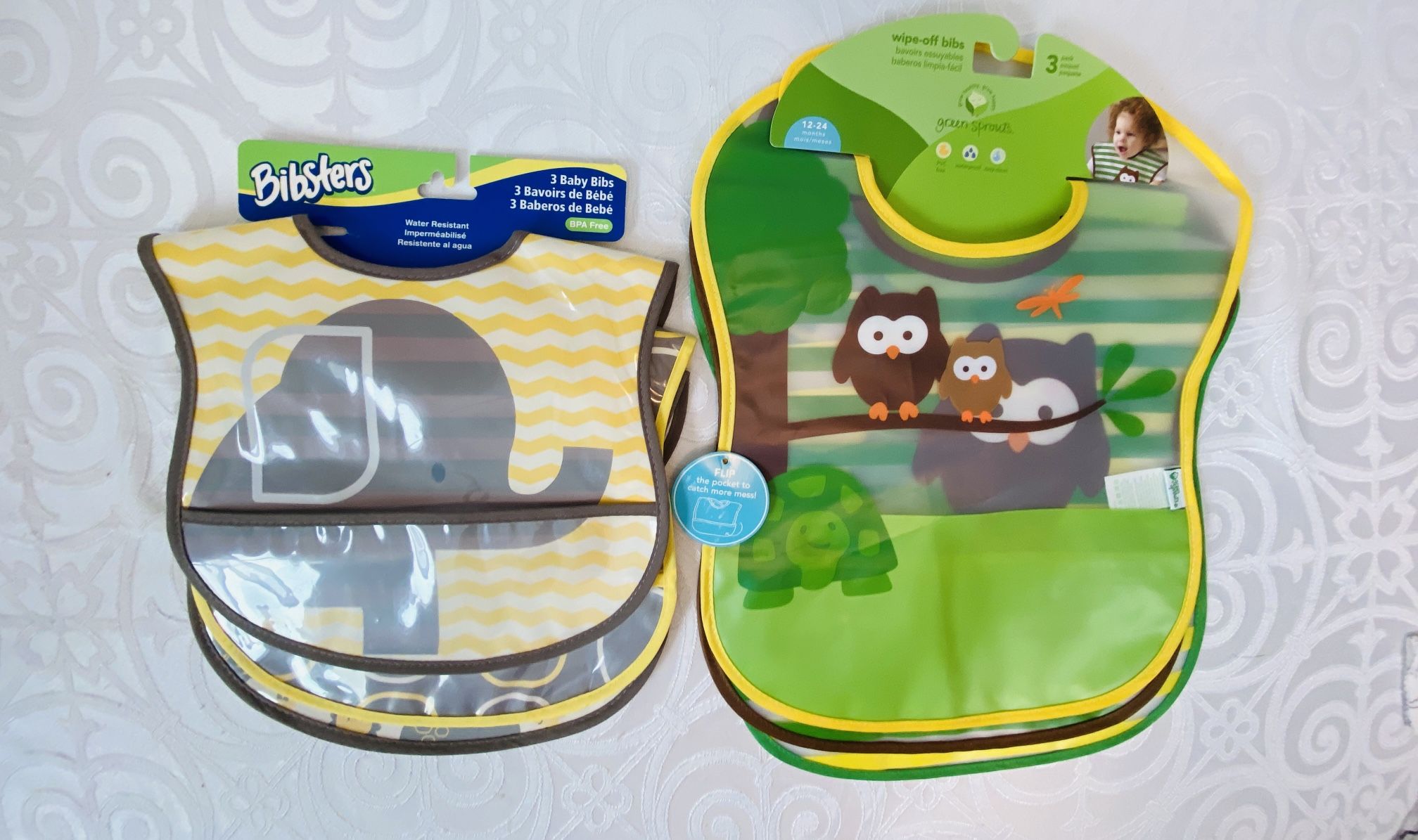 (6) NEW Bibsters & Green Sprouts Wipe-Off Bibs - 2 Pkgs of 3 Each Animals NWT