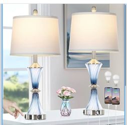 Set of 2 Blue Glass Table Lamps with USB and Type-C Ports