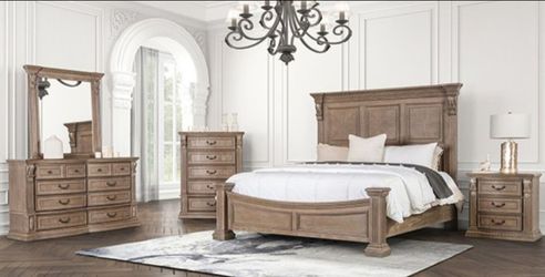 Brand New Weathered Oak Upscale 4pc Queen Bedroom Set (Available in Eastern King)