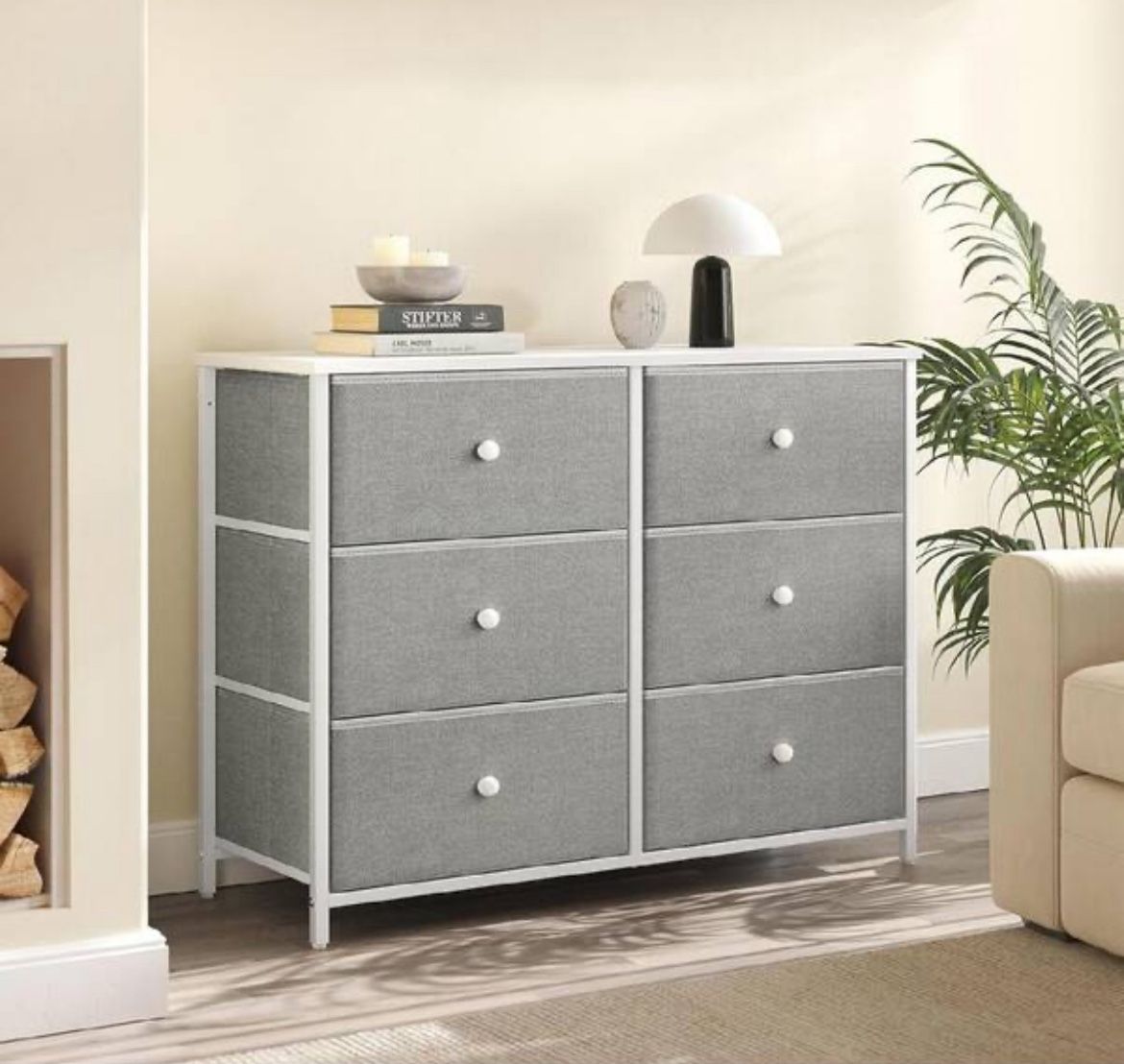 31.4 in. W x 24.8 in. H x 11.8 in. D Grey Fabric 6-Drawer Storage Dresser