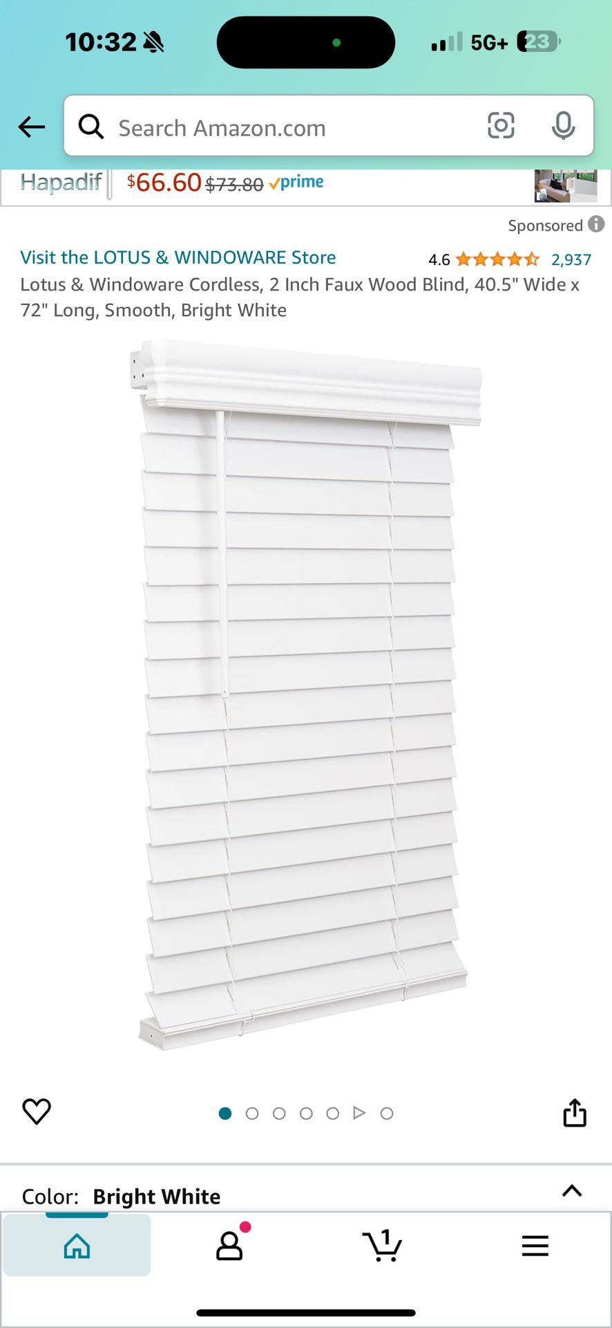 Lotus & Windoware Cordless, 2 Inch Faux Wood Blind, 40.5" Wide x 72" Long, Smooth, Bright White