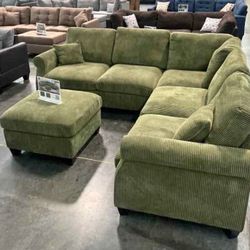 New 99x99 Sage Corduroy Sectional Couch With Ottoman / Free Delivery 