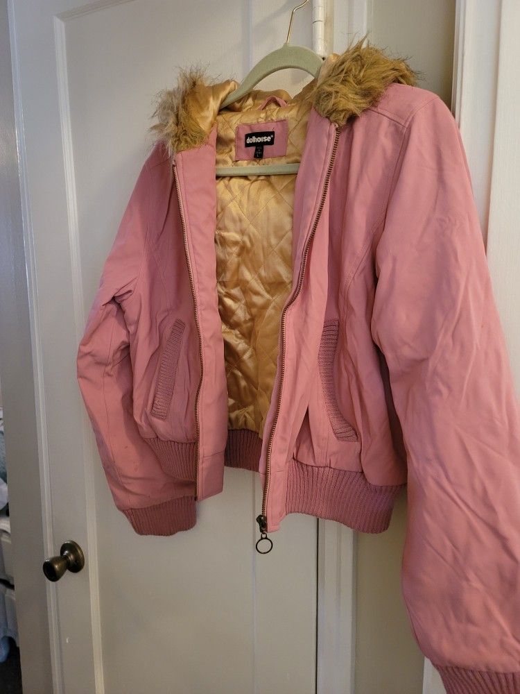 Cute Pink Jacket With Fur Hood Size: Large